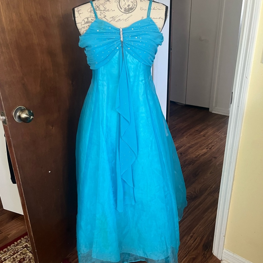 Blue Ruched High Low Sundress Spaghetti Strap